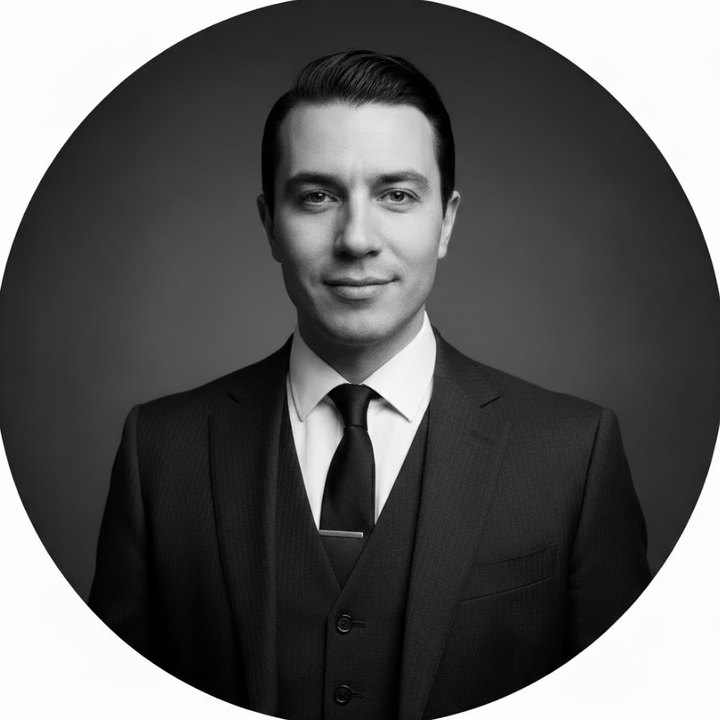 Portrait of Lenny Lesser in a three-piece suit